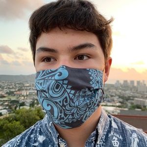 Hawaiian Blue and Grey Tribal Print cotton mask